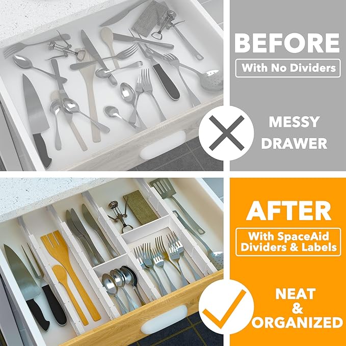 SpaceAid Bamboo Drawer Dividers with Inserts and Labels, Kitchen Adjustable Drawer Organizers, Expandable Organization for Home, Office, Dressers, 4 Dividers with 9 Inserts (17"-22" White)