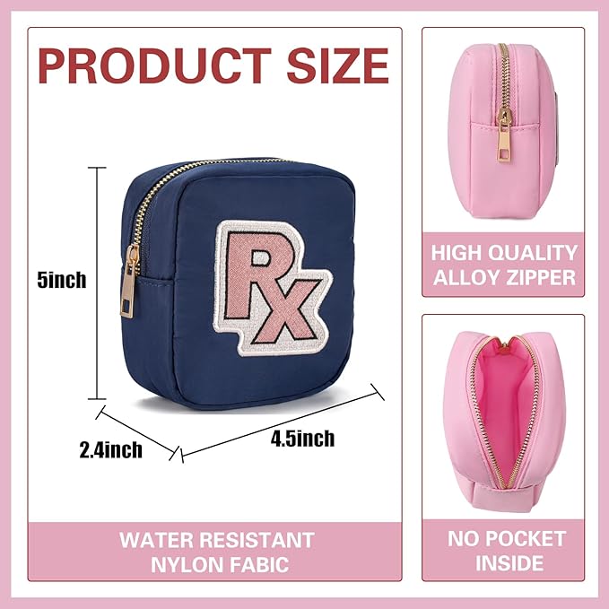 uekeboag Personalized Small Nylon Rx Cosmetic Bag, Cute Chenille Letter Patch Medicine Drug Pouch with Zipper,Preppy Makeup Travel Vitamin Bag for Women and Girls (Navy-Pink)