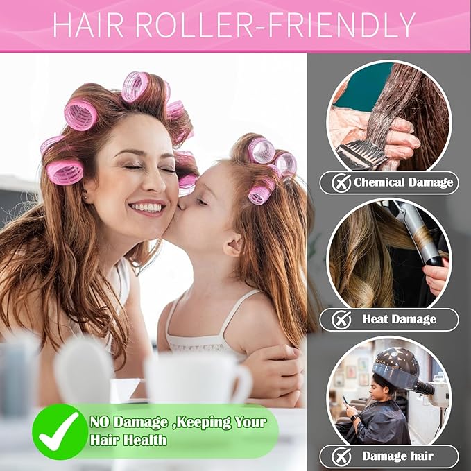 Hair Rollers, 12 Pack Self Grip Salon Hairdressing Curlers, DIY Curly Hairstyle, Large Rollers 1.57In Pink