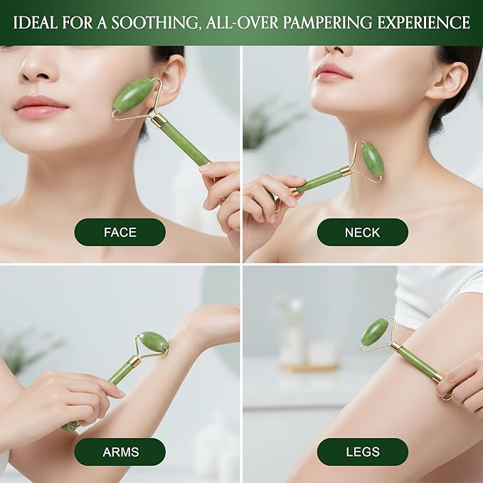 Jade Roller and Gua Sha Set for Face & Body – 4-Piece Authentic Jade Facial Roller Kit with Jade Eye Roller and Gua Sha Facial Tools for Sculpting,Puffiness Reduction, Lymphatic Drainage & Spa Massage