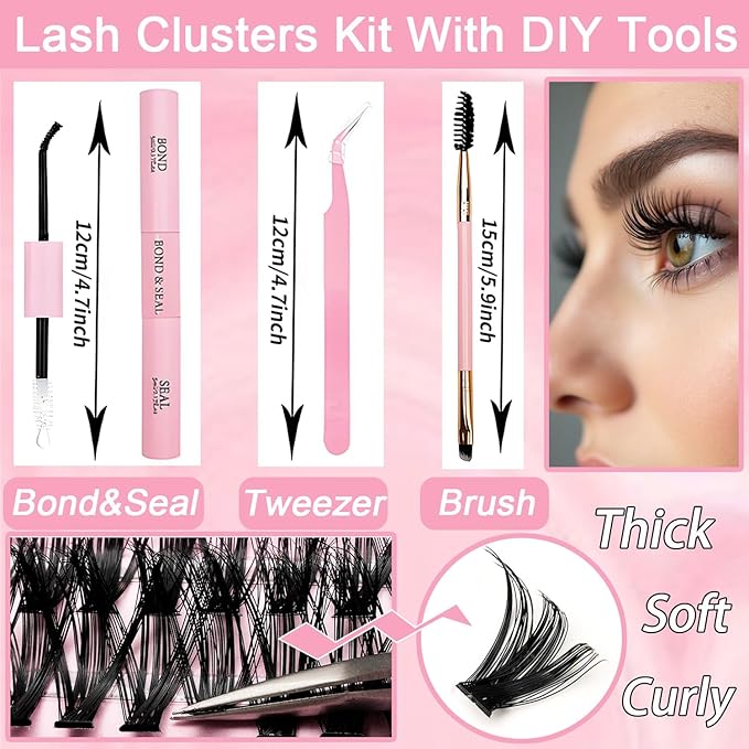 Lash Clusters Kit, 640 Pcs Eyelashes Clusters Extensions Kit 9-16mm Individual Lashes D Curl Fluffy Wispy False Eyelashes Thin Band with Bond Seal Tweezers Brush DIY (30D+40D+50D+60D Kit 9-16mm)