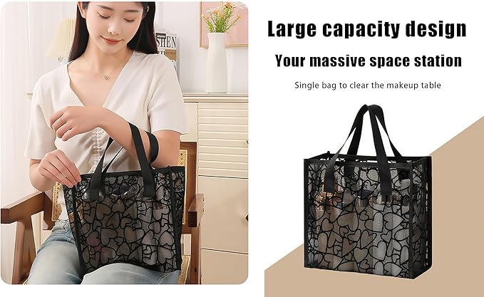 4 Pieces Heart Printed Mesh Makeup Bag Set, Portable Travel Mesh Cosmetic Bags Toiletry Bags Makeup Purse Bags with Zipper Storage Pouches for Home Offices Travel Accessories (Black)