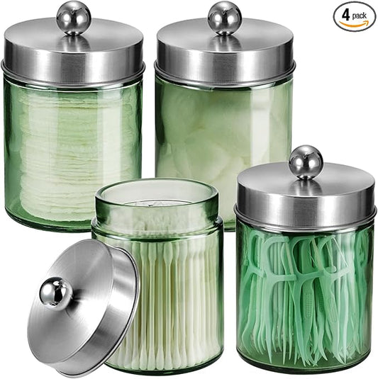 Amolliar Sage Green Qtip Holder, Glass Apothecary Jar Metal Lid & Sticker, Bathroom Qtip Dispenser Storage Canister, Perfect for Cotton Balls Swabs, Round Pads, Bath Salt, Floss, Brushed Nickel 4 Pack