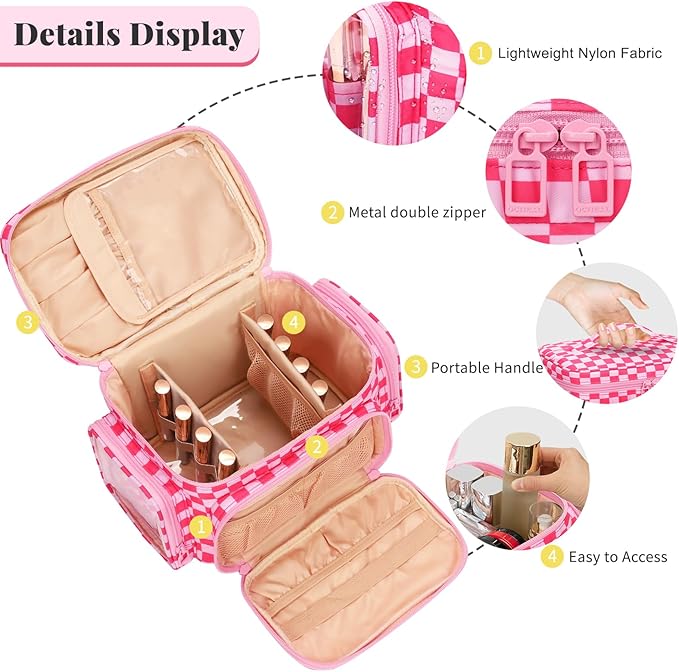 Large Checkered Makeup Bag, Travel Makeup Bag Organizer for Women Girls with Makeup Brush Compartment & Two Side Pockets, Cosmetic Travel Bag Vertical Storage Toiletry Bag- Hotpink