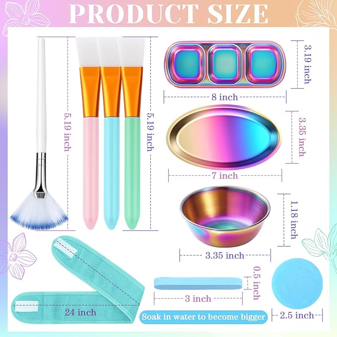 LemonRoad 25 Pcs Esthetician Facial Supplies Set, 3 Stainless Steel Mixing Bowls, 2 Serving Trays, 6 Brushes, 2 Hairbands, 12 Compressed Sponges for Women Facial Mask Spa Home Use(Laser Color)