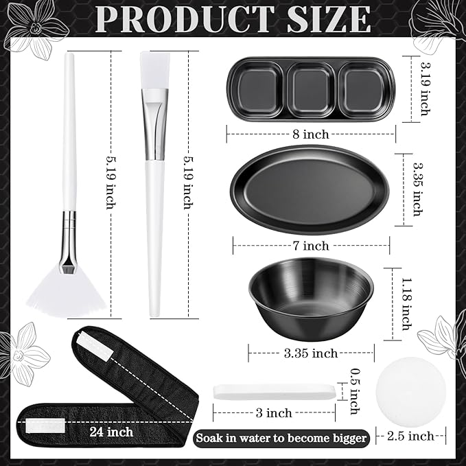 LemonRoad 25 Pcs Esthetician Facial Supplies Set, 3 Stainless Steel Mixing Bowls, 2 Serving Trays, 6 Brushes, 2 Hairbands, 12 Compressed Sponges for Women Facial Mask Spa Home Use(Black)