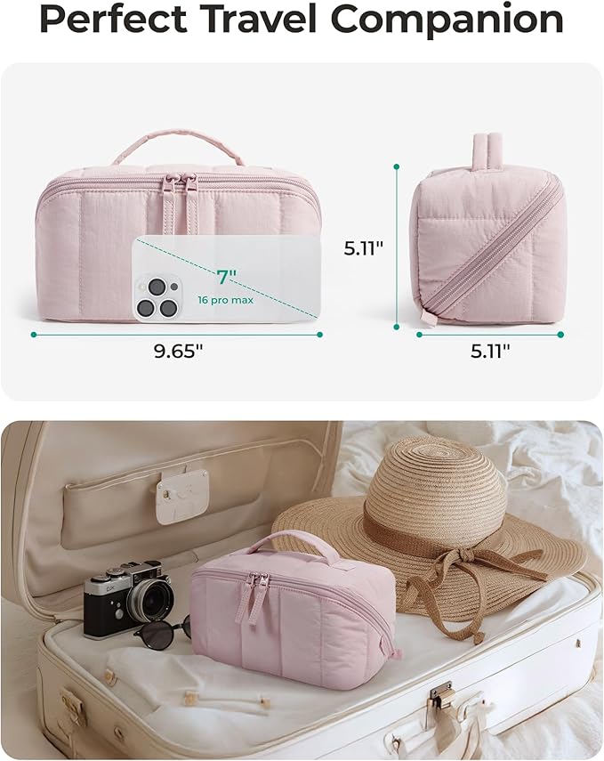 BAGSMART Travel Makeup Bag for Women, Portable Water-resistant Cosmetic Case, Puffy Padded Make Up Organizer Pouch, Open Flat Toiletry Bag for Toiletries, Brushes, Brown