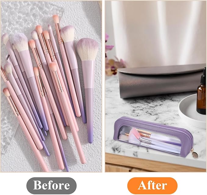 Small Clear Makeup Pouch, PU Leather Portable Makeup Brush Bag Travel Transparent Waterproof Cosmetic Organizer Pouch with Zipper for Women Home Travel Office Cosmetic Storage (Dark Purple)