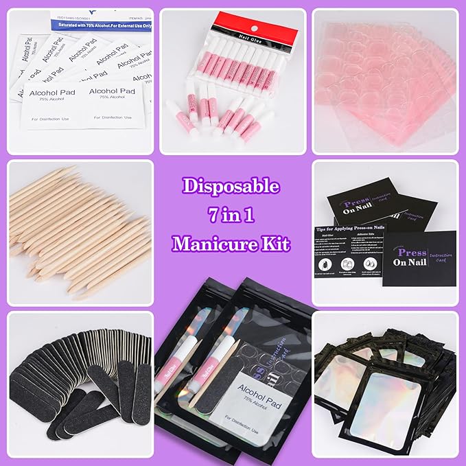 Disposable Nail Supplies Kits,Professional Manicure Press On Nail Tool Kit With Nail File,Adhesive Tabs,Nail Glue,Sticks, Prep Pads,Bags,Cards for Nail Business (Black-350pcs50set)