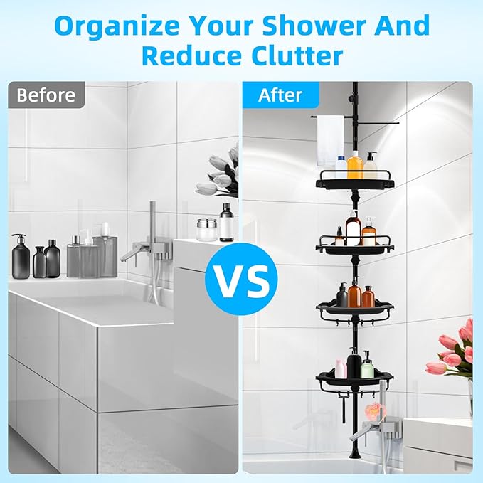 32-122inch Corner Shower Caddy Tension Pole with Shower Curtain, Rustproof Drill-Free Adjustable Shower Shelves for Bathroom Bathtub Washbasin, with 4 Tier Patent Stable Shelves & Towel Bars