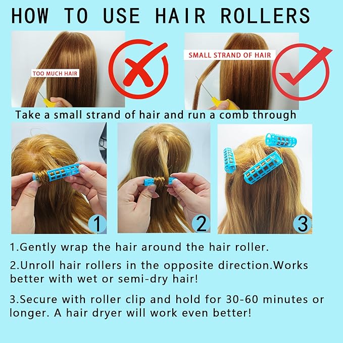 28PCS Small Rollers for Short Hair, 0.6in No Heat Tiny Curlers With Clips Small Roller Hair Curlers Set Mini Snap-On Plastic Hair Rollers(Blue)