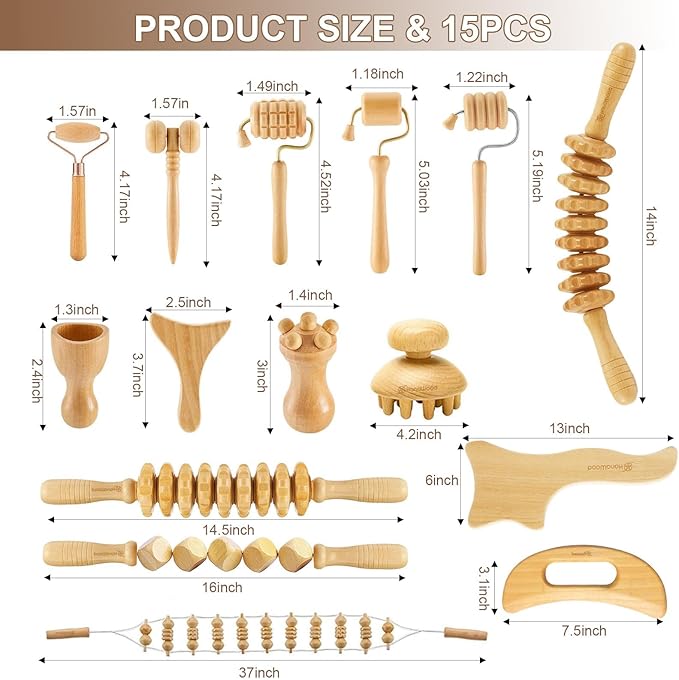 15 Pcs Wood Therapy Massage Tools Set Maderoterapia Kit Therapy Tools for Body Muscle Pain Relief Wooden Body Face Sculpting Tools Wood Roller Massager, Fascia Massage