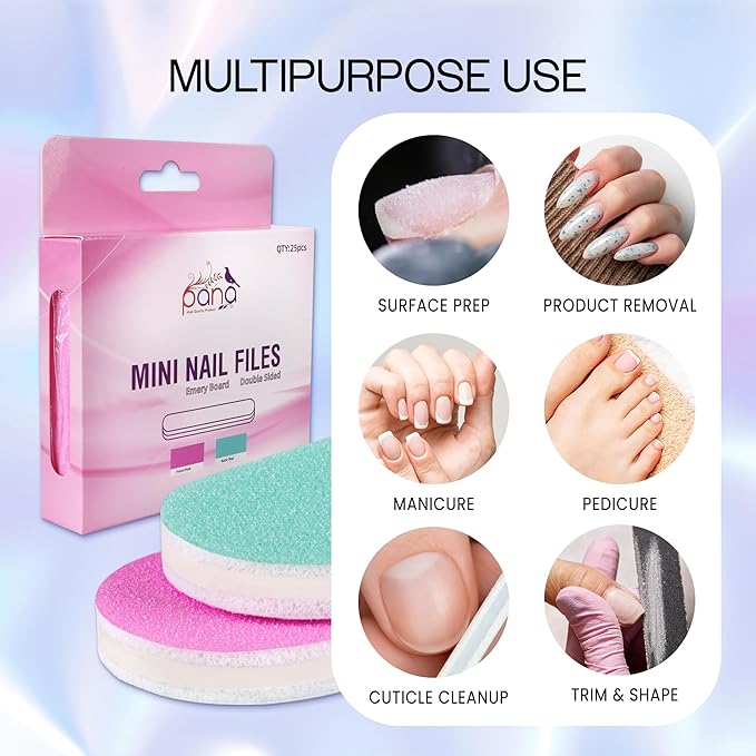 25PCS Mini Size PANA Professional Double Sided Nail Files - Pink&Teal, 80/80 Grit - Emery Board Nail Buffering File Manicure Pedicure Nail Polisher Washable
