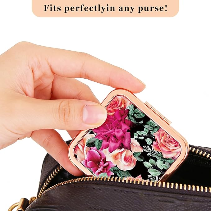 Luxury Rose Print Compact Mirror - Double-Sided 1X/2X Magnifying Makeup Mirror, Rose Gold Metal Frame, Portable Travel Pocket Mirror for Purse & Handbag, Stylish Gift for Women