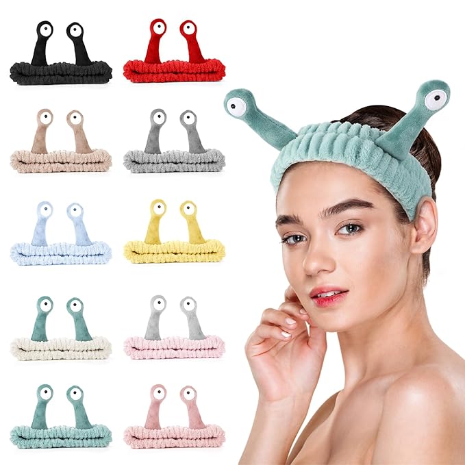 10PCS Headband for Washing Face, Cartoon Cute Flannel Skincare Headbands, Palm and Snail Spa Headband, Elastic Hair Bands Creative Hair Accessories