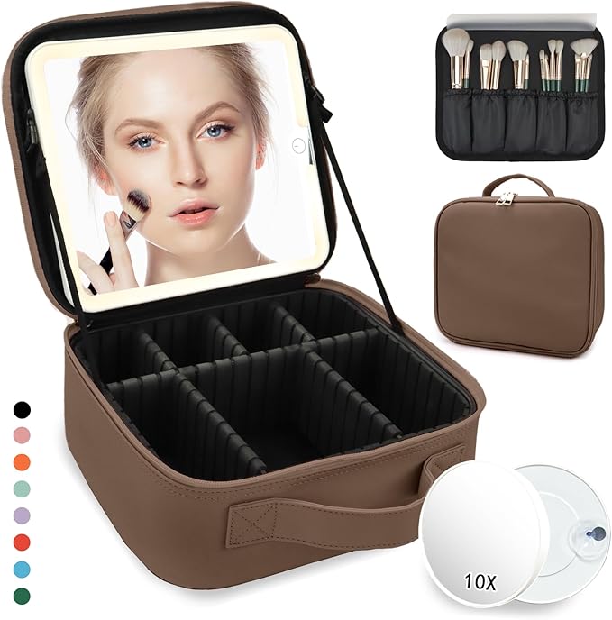 Travel Makeup Bag for Makeup Artists Large Makeup Case,with Mirror 3 Color Setting and Detachable 10x Magnifying Mirror Travel Makeup Bag,Portable Storage and Adjustable Dividers（Mocha）
