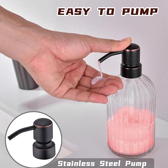 16Oz Clear Glass Soap Dispenser with Rust Proof Bronze Stainless Steel Pump, Refillable Bathroom Soap Dispenser with Vertical Stripe, Oil Rubbed Bronze Pump Kitchen Dispensers