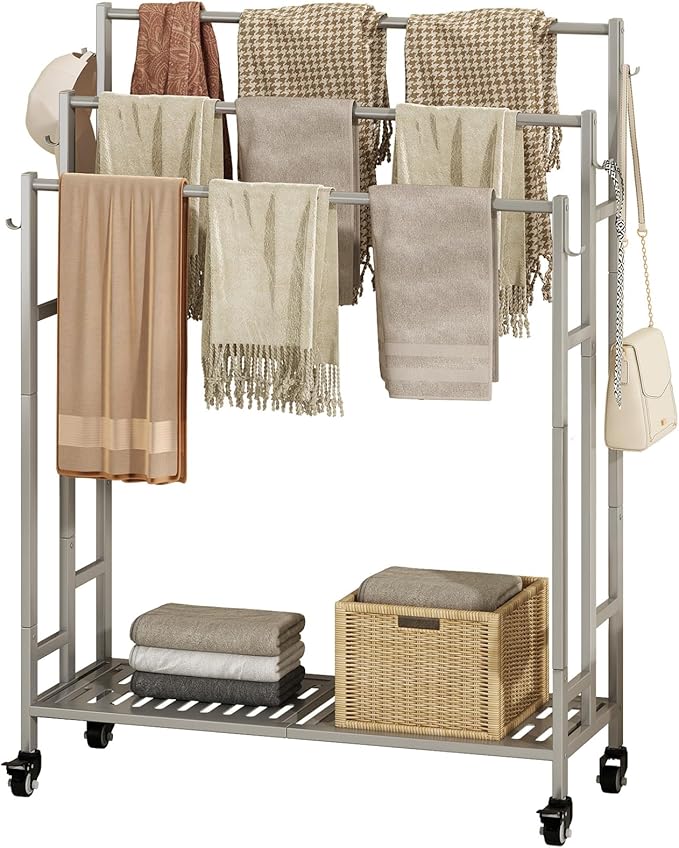 SORCEDAS Towel Rack 3 Tier Free Standing Metal Towel Stand with Storage Shelf and Wheel for Extra Large Towel Blanket Drying (Grey)