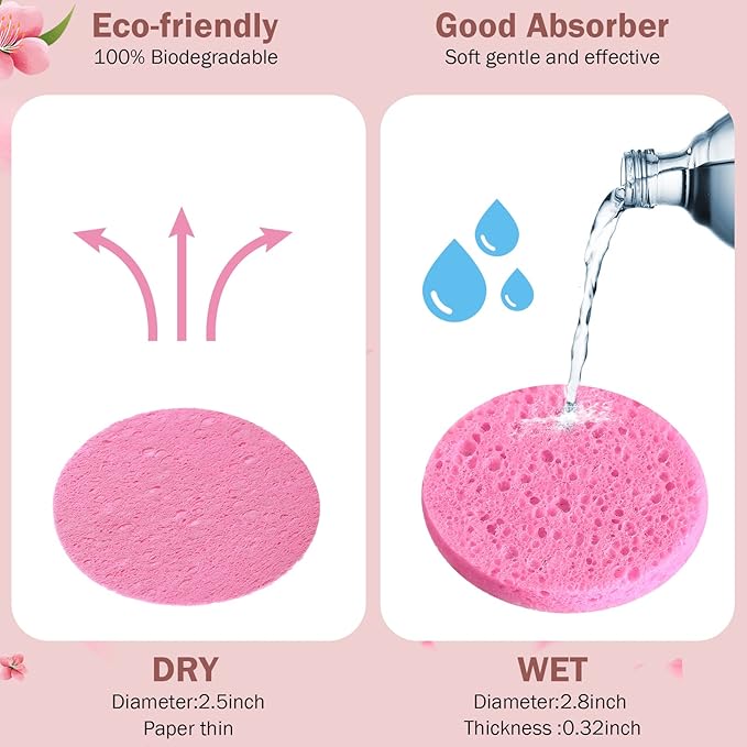 300 Count Compressed Facial Sponges Natural Face Sponges for Cleansing Disposable Facial Exfoliating Pads for Estheticians(Pink)