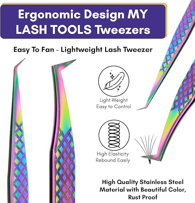 2pcs Fiber Tip Lash Tweezer Set – Fine Axe Tip Volume Boot Tweezer & Isolation Tweezer, Precision Eyelash Extension Tools, Stainless Steel, Non-Slip Grip for Classic, Mega Volume Lashing (Multi)