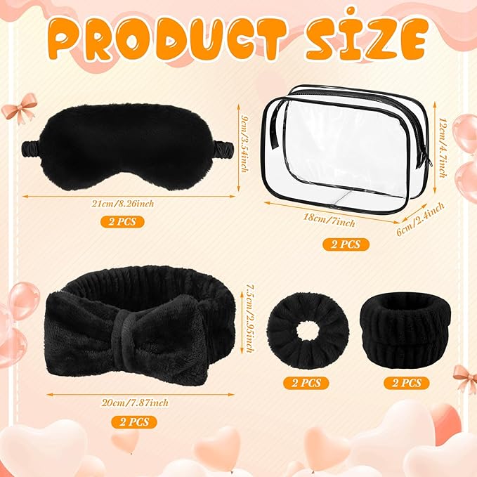 Hoteam 10 Pcs Galentine Spa Party Supplies Valentine Gift Set Sleepover Party Favor Spa Headband Wristband Sleep Eye Mask Velvet Scrunchies for Skin Care Makeup Slumber Night Favor(Black)