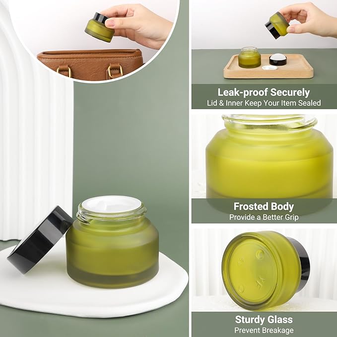 Segbeauty 1oz Green Frosted Glass Refillable Cosmetic Containers Jars with Lids, Empty Lotion Bottles with Spatulas, Travel Containers for Toiletries 4pcs 30ml, Empty Travel Size Bottles Jars