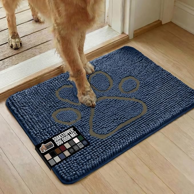 GORILLA GRIP SoakSTOPPER Dog Door Mat, Machine Washable Rug Absorbent Doormat Captures Moisture Mud Dirt, Quick Dry Soft Chenille Entryway Rugs Indoor Entrance Mats for Dog Paws, 24x17 Navy