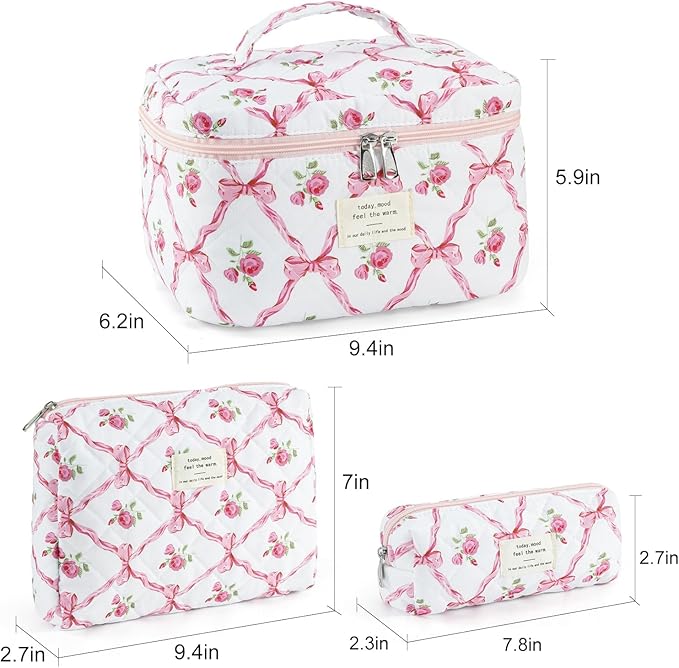 Makeup Bag for Women 3PCS Quilted Cotton Make Up Bag Travel Cosmetic Bag Large Makeup Bag Set Cute Bow Makeups Organizer Floral Toiletry Pouch for Purse, Pink