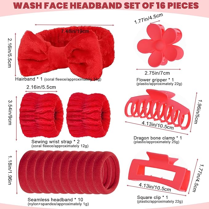 16 Pcs Skincare Headband Set, Face Washing Headband with Wristbands, Hair Claw Clips & Hair Ties, Spa Headbands for Women Girls, Perfect for Facial, Makeup, Shower, Gift Ready Box