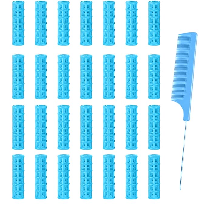 28PCS Small Rollers for Short Hair, 0.6in No Heat Tiny Curlers With Clips Small Roller Hair Curlers Set Mini Snap-On Plastic Hair Rollers(Blue)
