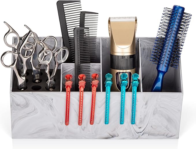Noverlife Salon Shear Holder, Large Marble Pattern Hair Stylist Shears Rack Neat Desk Organizer, Professional Barber Scissor Holder Pet Grooming Storage Box Container Case for Clippers Combs Clips