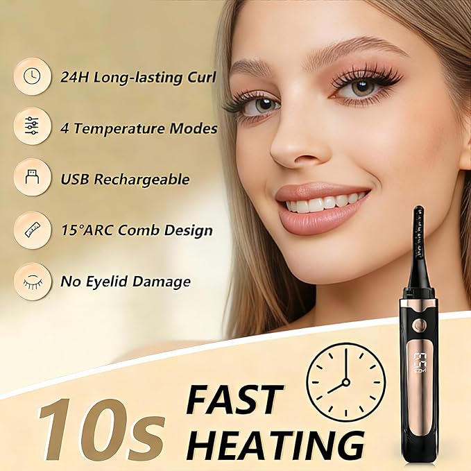 Heated Eyelash Curler - Heated Lash Curler Electric Eyelash Curler 4 Temp Settings for Makeup Tools for Achieving A Natural Curl and Long Lasting Eyelashes, Designed for Women, Black