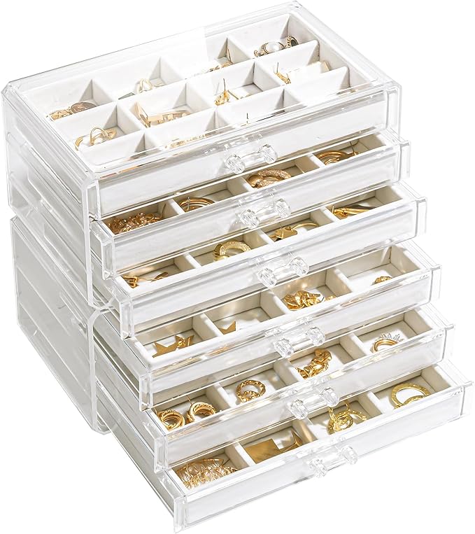 Lolalet Earring Holder Organizer Box Jewelry Storage with 6 Drawers, Clear Acrylic Stackable Earring Case with Adjustable Velvet Trays for Women on Dresser Vanity -Warmwhite, 6 Layers