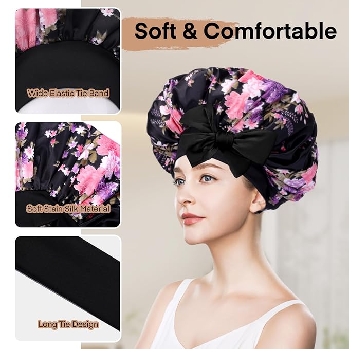 Arqumi 2 Pcs Satin Silk Bonnet for Sleeping Women, Long Strap Tie Band Adjustable Sleep Night Cap Curly Hair Bonnet Wrap for Braids Mother's Day Girls Gifts,Black + Black Flower Pattern (Large)