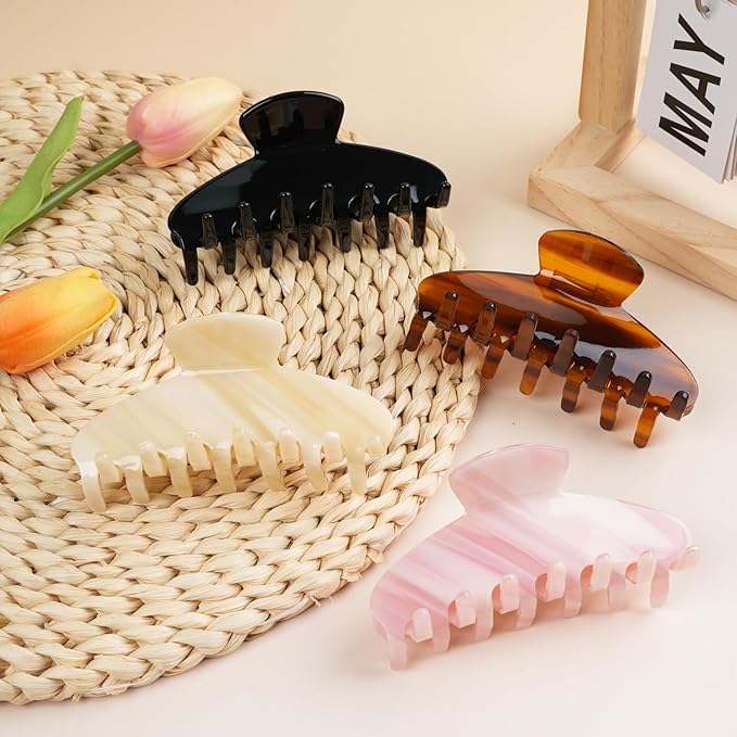 MAORULU Cute Claw Clip for Women – 4'' Large Acetate Hair Clips for Thick Thin Curly Long Hair, Durable Hair Clamps Non-slip Jaw Clip, Strong Hold, Stylish French Design (Solid Black)