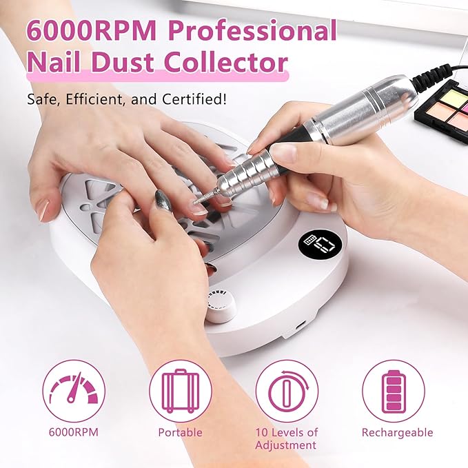 Nail Dust Collector, heemeei Protable 10 Speeds Dust Collector Nail Tech with 30 Pcs Disposable Filter Papers, 6000RPM Powerful Lightweight Nail Vacuum for Beginner Acrylic Nail Manicure Home Salon