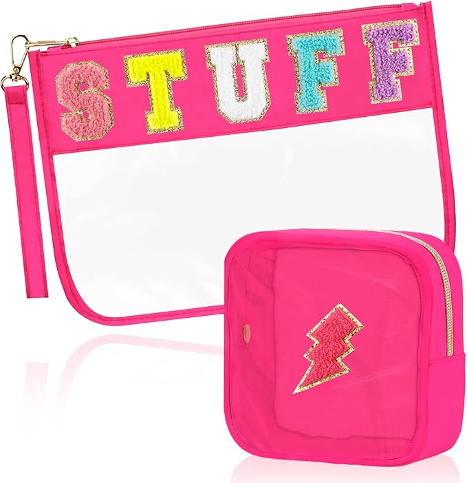 2 Pcs Stuff Bag Cosmetic Makeup Bag with Chenille Letter Patch, Clear Pouch PVC Organizer Purse, Waterproof Travel Bag, Portable Toiletry Storage Bag for Her Girls Friends Women