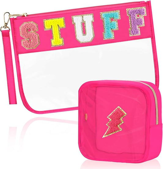 2 Pcs Stuff Bag Cosmetic Makeup Bag with Chenille Letter Patch, Clear Pouch PVC Organizer Purse, Waterproof Travel Bag, Portable Toiletry Storage Bag for Her Girls Friends Women