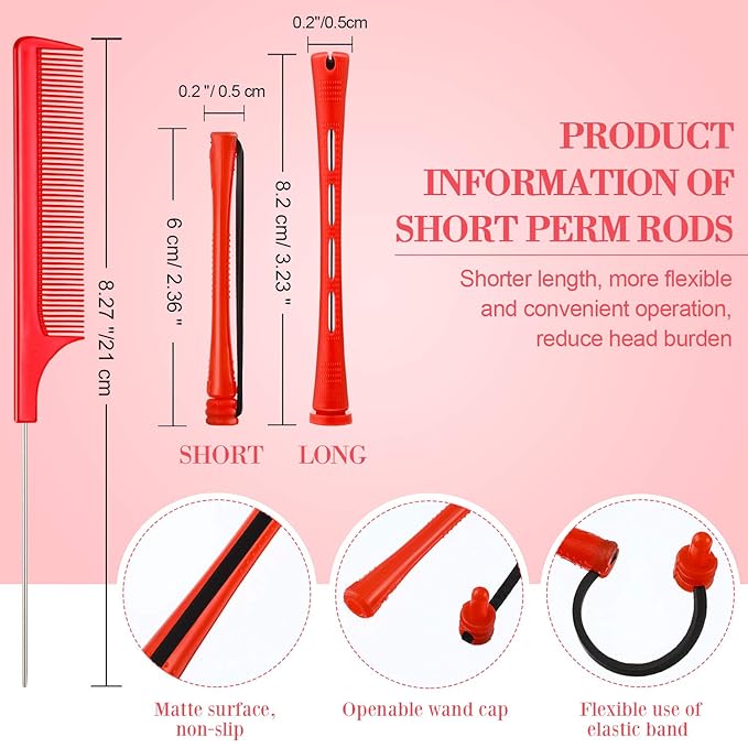 WILLBOND 60 Pcs Perm Rods for Short Long Hair Plastic Cold Wave Perming Curlers Small Hair Curling Rollers with Steel Pintail Rat Tail Kit for Women Hairdressing Styling Supplies(0.2 Inch,Red)
