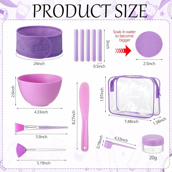LemonRoad 34 Pcs Esthetician Facial Supplies Include Facial Bowls Brushes Jars Measuring Spoons Hairbands Esthetician Essentials Valentines Gift Set For Women(Purple)