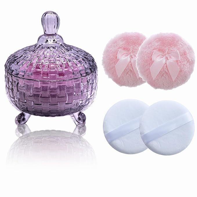 5 Pieces Large Body Powder Puff and Powder Container, Crystal Case for Dust Puff, Powder applicator with Box for Face and Body (Grey, Woven Pattern)