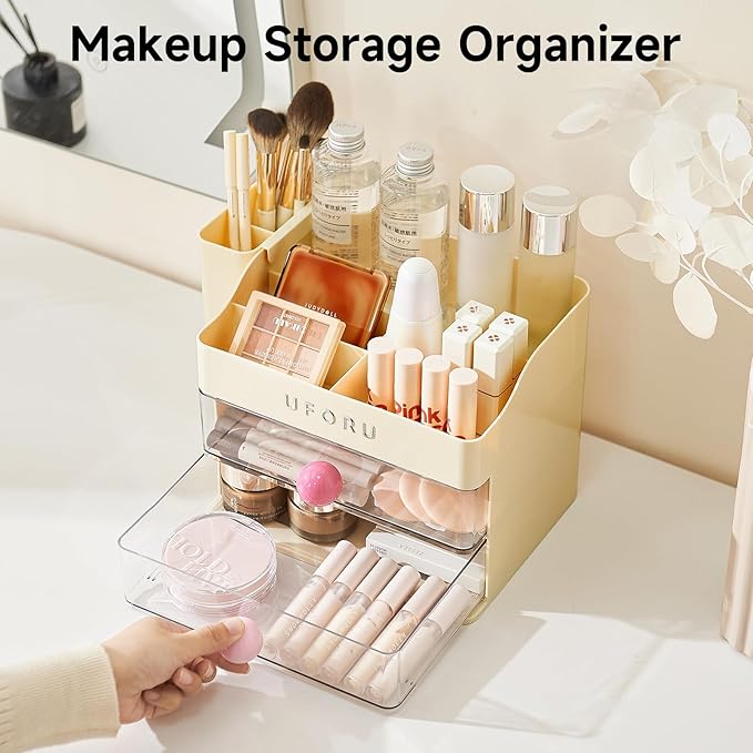 Makeup Organizer for Vanity with Brush Holder, Countertop Skincare Organizer with 2 Drawers, Spacious Cosmetic Display Case for Perfumes, Eyeshadow Palettes, Nail Polishes