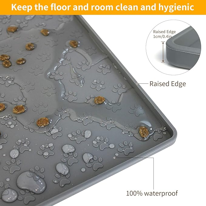 Ptlom Pet Placemat for Dog and Cat, Mat for Prevent Food and Water Overflow, Suitable for Small, Medium and Big Pet,24.5" 16.5", Grey