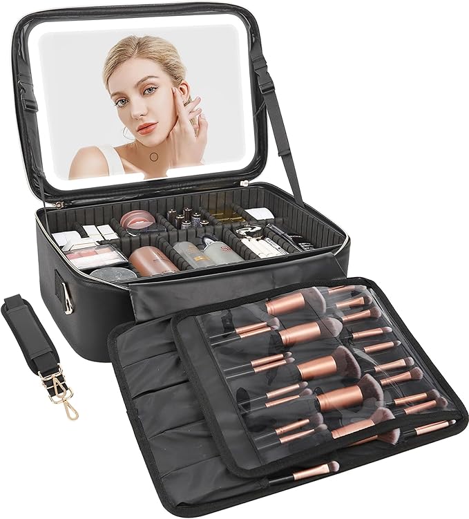 Relavel Makeup Bag with LED Mirror, 16.2 inches Large Professional Makeup Case for Makeup Artists, Travel Portable Cosmetic Organizer Storage Box for Women, Vanity Case with 3 Colors Lighted Mirror