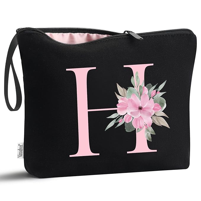 Vavabox A-Z Personalized Makeup Bag, Birthday Gifts for Women Mom, Gifts for Best Friend, Bride Bridesmaid Cosmetic bag (H, Black)