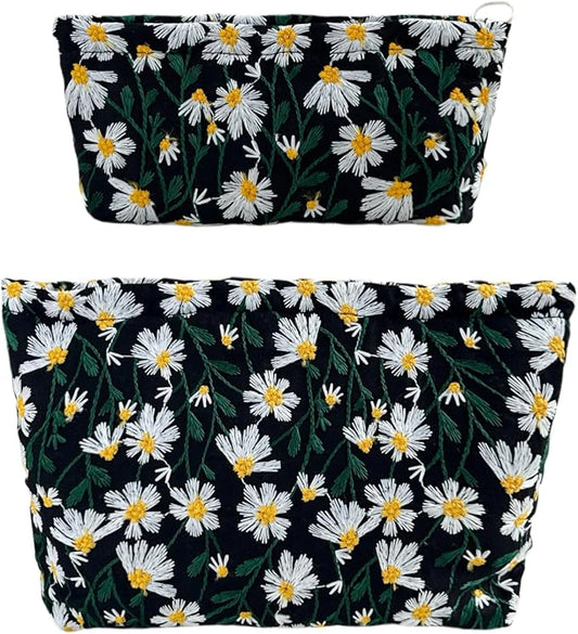 2 Pcs Makeup Bags, Large Cosmetic Bag Travel Toiletry Bag Organizer for Women, Embroidery Craft, Floral Makeup Bag Small Cosmetic Pouch Purse with Zipper Gifts for Girls Teen