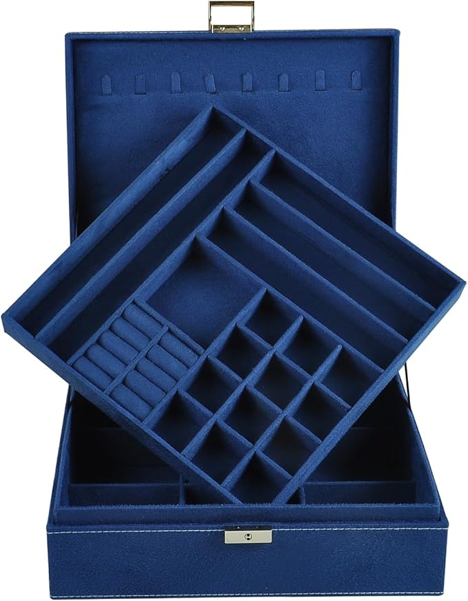 GYJOYERO Jewelry Boxes 10 x 10 Inches 2-layer Handle Necklace Holder Organizer Jewellery Women Rings Storage Display Girls Earrings Case Lockable Jewelry Tray GY641 (Navy)
