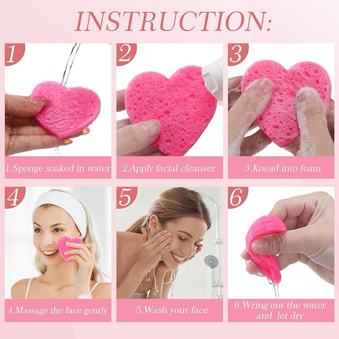 Sieral 120 Pcs Compressed Facial Sponges with Container Disposable Face Sponge Pads for Washing Face Cleansing Exfoliating Esthetician Makeup Removal(Heart,Rose Red)