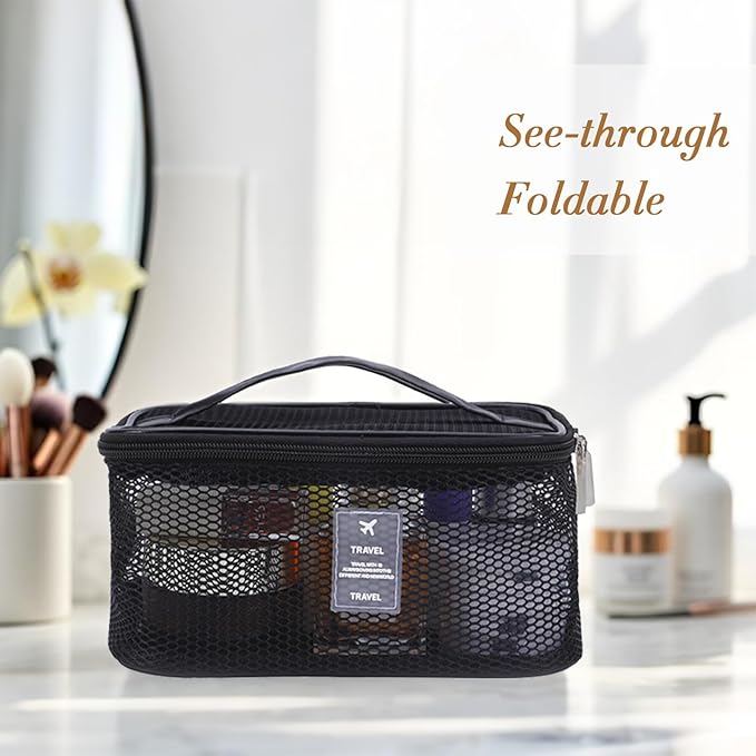 Mesh Makeup Bag, Breathable Cosmetic Bags with Zipper, Travel Lightweight Make Up Organizer Mesh, Toiletry Bag with Handle for Women Girls Gift, Black