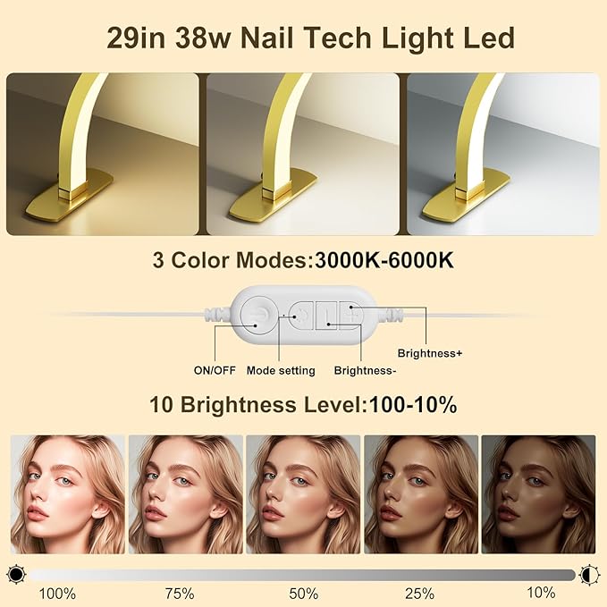 iVict Half Moon Light for Nail Desk, 29“ 40W Nails Tech Light with Phone Stand, 10 Adjustable Brightness, Led Desk lamp for Nail, Tattoos, Beauty(Gold)